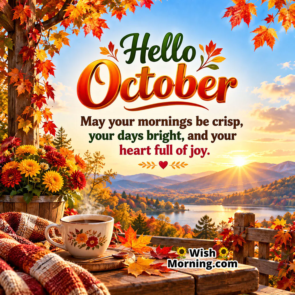 Hello October Wishes Image featuring a steaming cup of coffee, autumn leaves, a cozy blanket, colorful flowers, and a scenic mountain lake at sunrise.