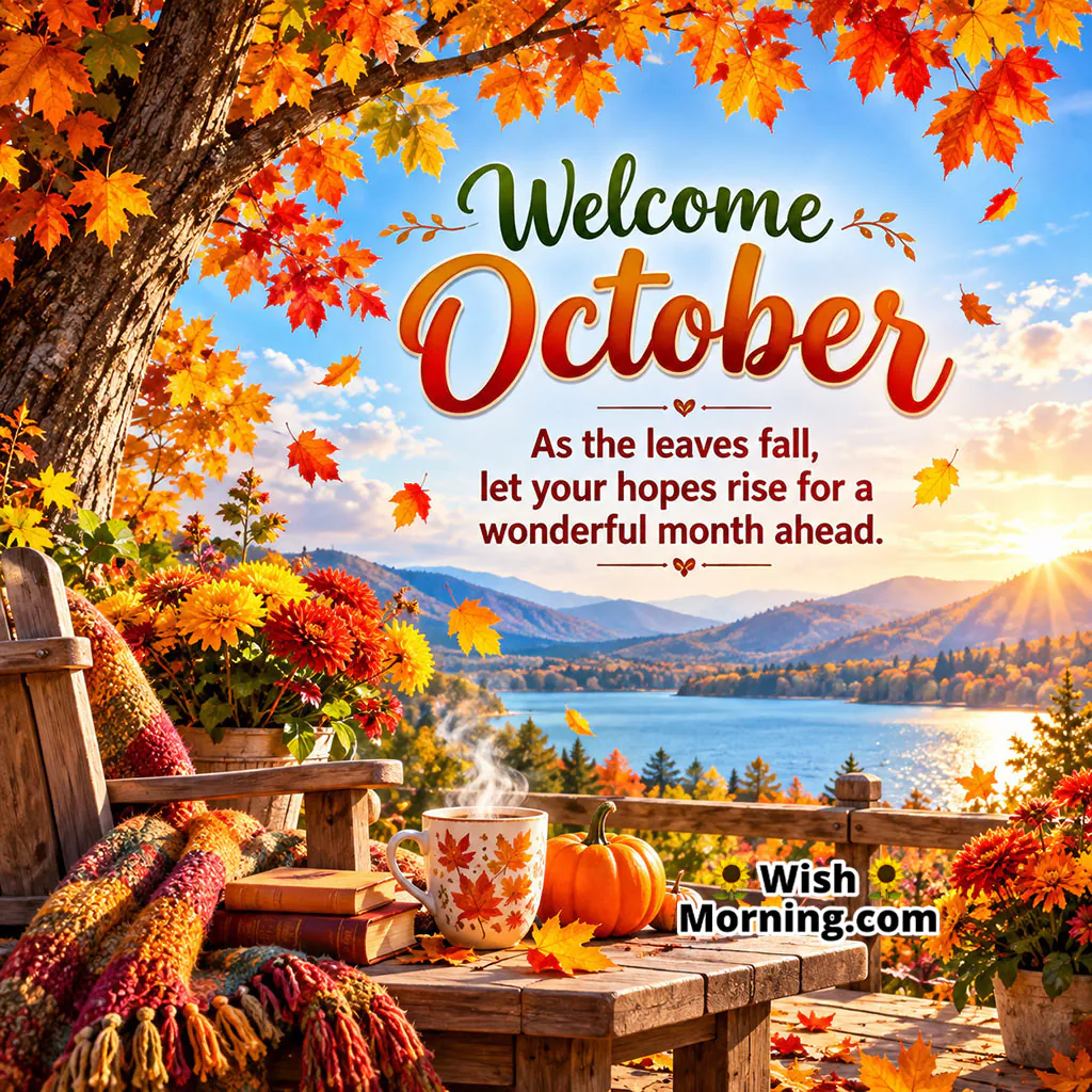 Welcome October Fall Image featuring colorful maple leaves, chrysanthemums, a cozy chair, autumn blanket, steaming floral cup, pumpkin, and a scenic lake view.