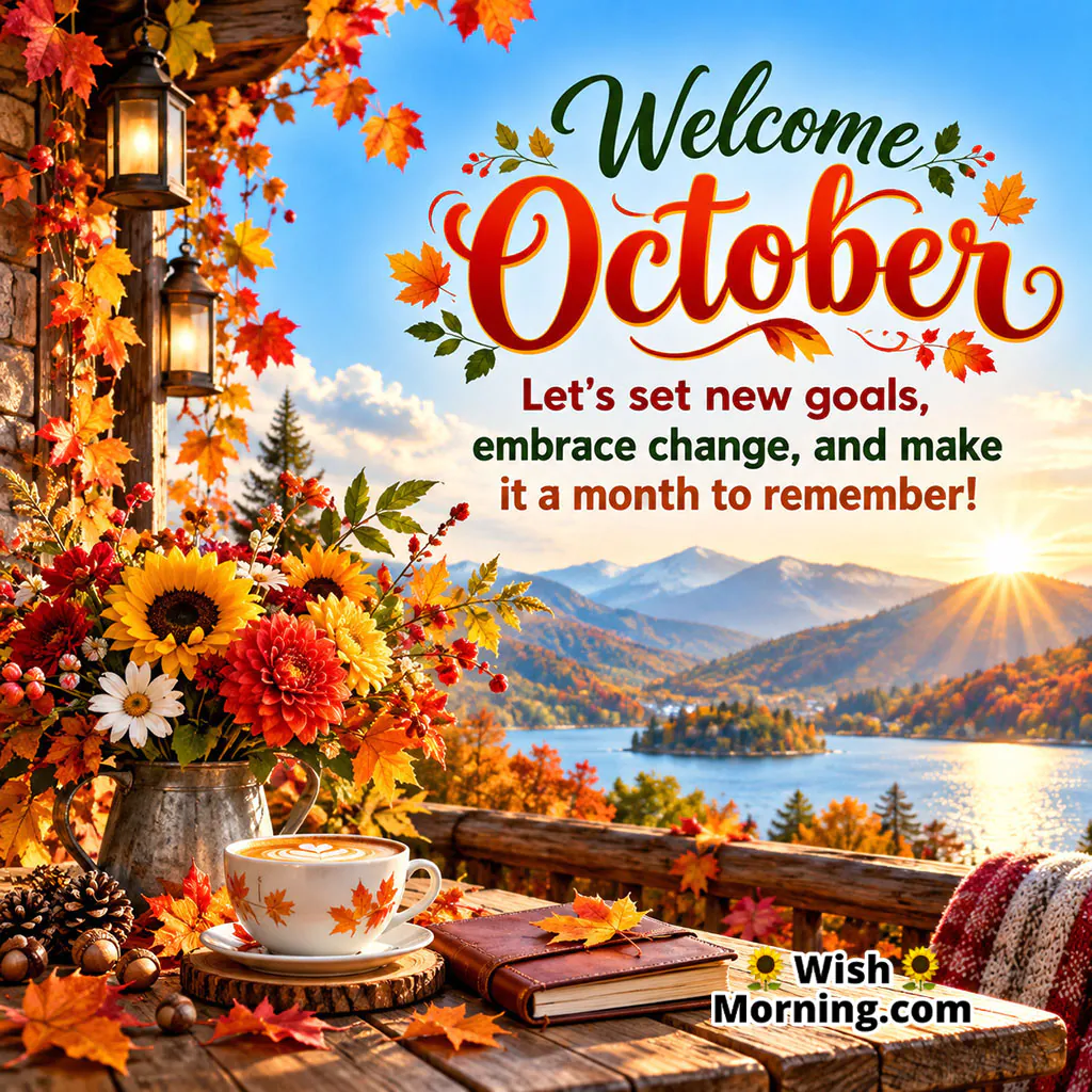 Welcome October Wishes Image featuring vibrant autumn flowers, falling leaves, a cup of coffee, a journal, and a peaceful mountain lake with morning sunshine.