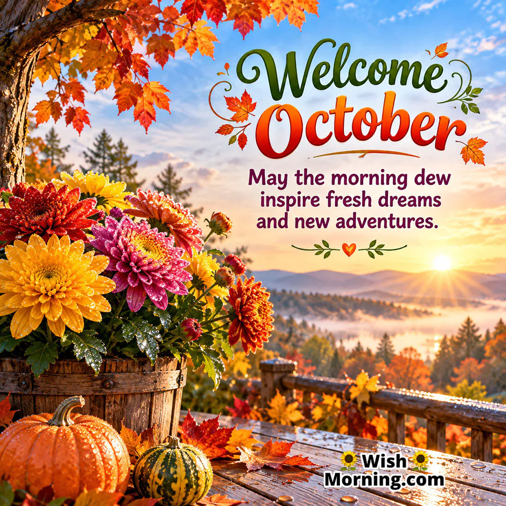 Welcome October featuring colorful chrysanthemums, pumpkins, autumn leaves, and a misty mountain lake at sunrise, creating a warm seasonal October setting.