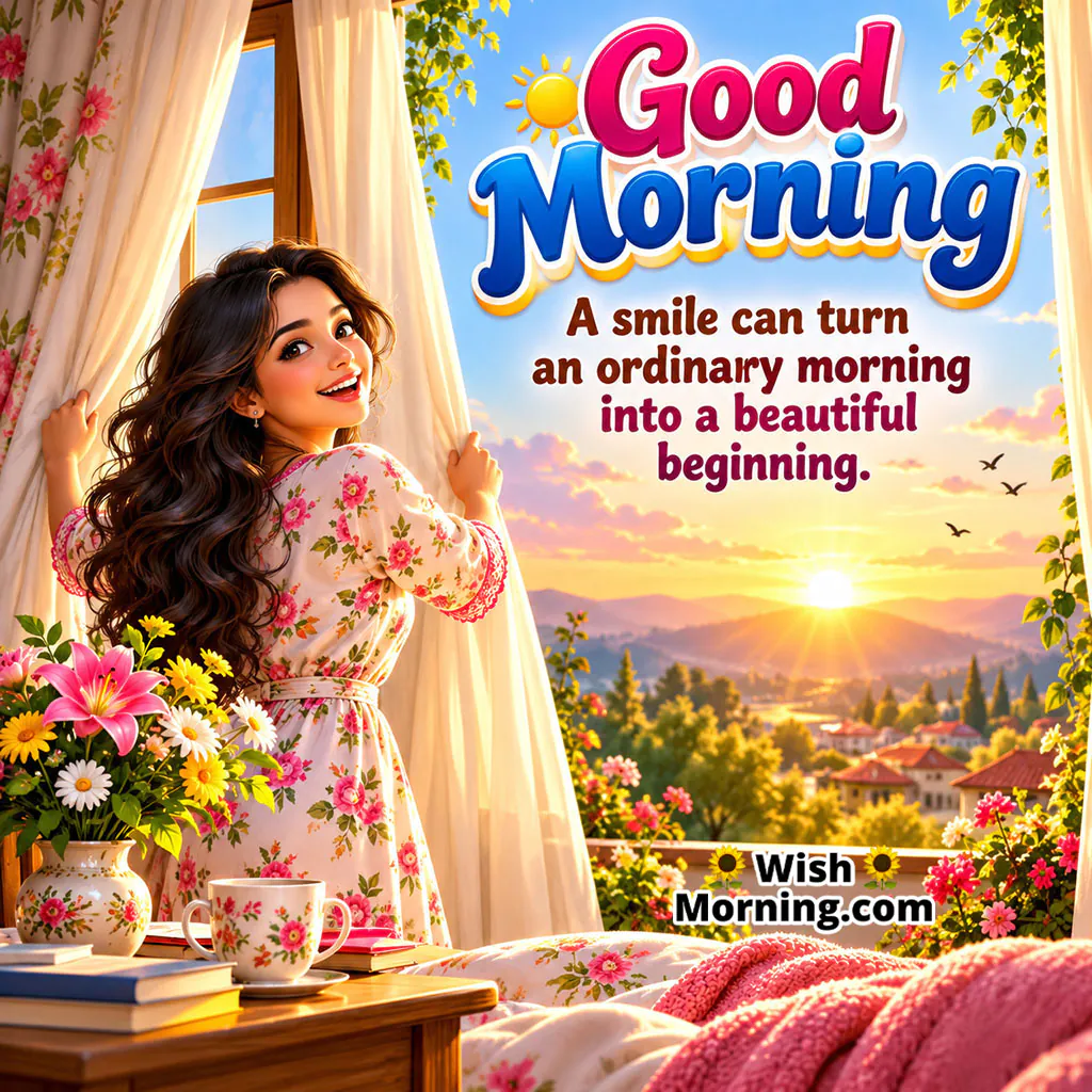 Good Morning Beautiful Beginning Image featuring a smiling woman opening curtains to a bright sunrise, surrounded by flowers and a warm morning view, symbolising fresh starts and new possibilities.