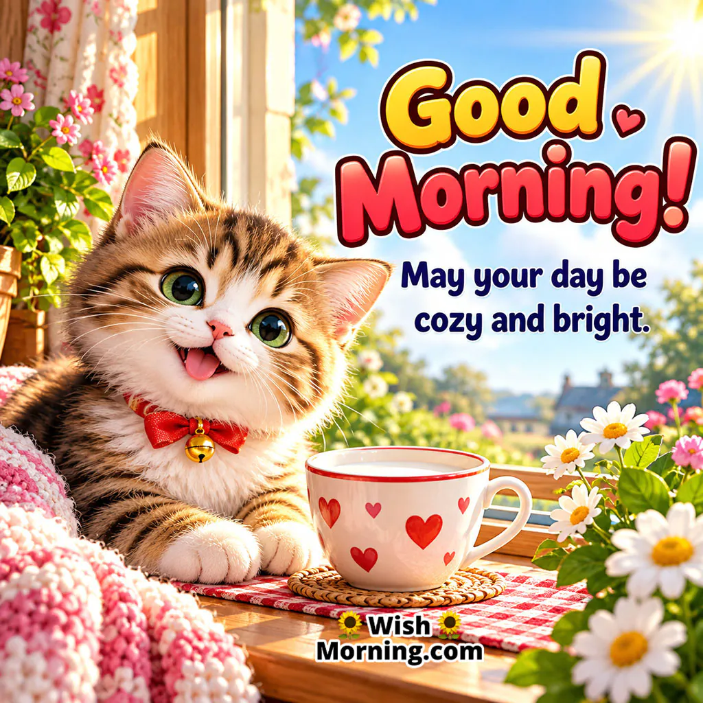 Good Morning Cat Image featuring an adorable kitten sitting beside a heart-decorated coffee cup in a sunny floral setting, symbolising coziness, affection, and a bright morning.