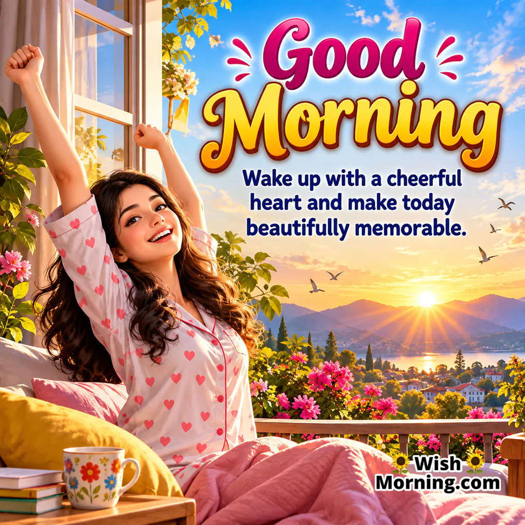 Good Morning Cheerful Heart Image featuring a joyful woman stretching with raised arms beside a sunny window, surrounded by flowers and a scenic sunrise, symbolising energy and a cheerful heart.