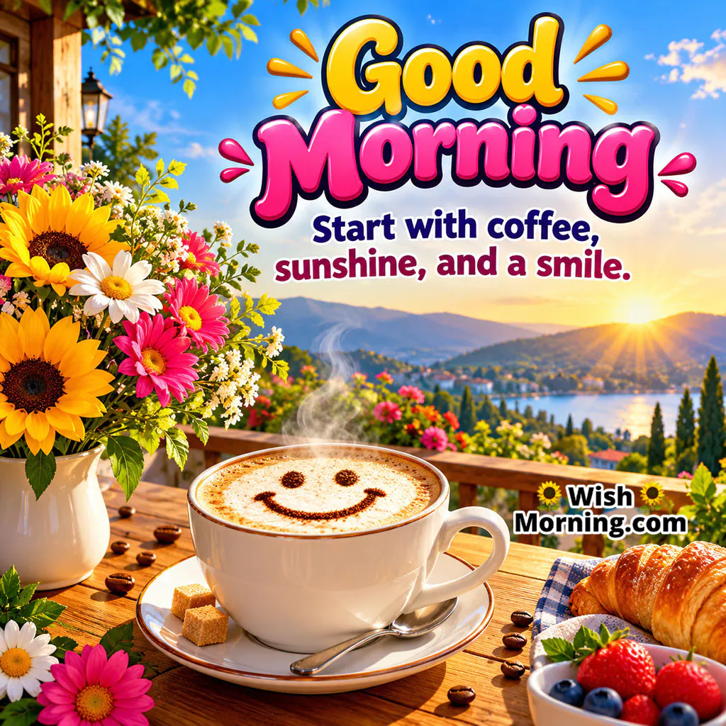 Good Morning Coffee Image featuring a steaming cup of coffee with a smile design on the foam, surrounded by colourful flowers and breakfast treats overlooking a sunny mountain landscape, symbolising a cheerful coffee-filled morning.