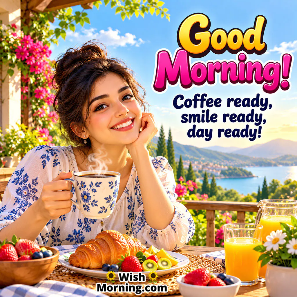 Good Morning Coffee Smile Image featuring a smiling woman enjoying coffee and breakfast on a flower-filled terrace overlooking a scenic lake and mountains, symbolising a cheerful and refreshing start to the day.