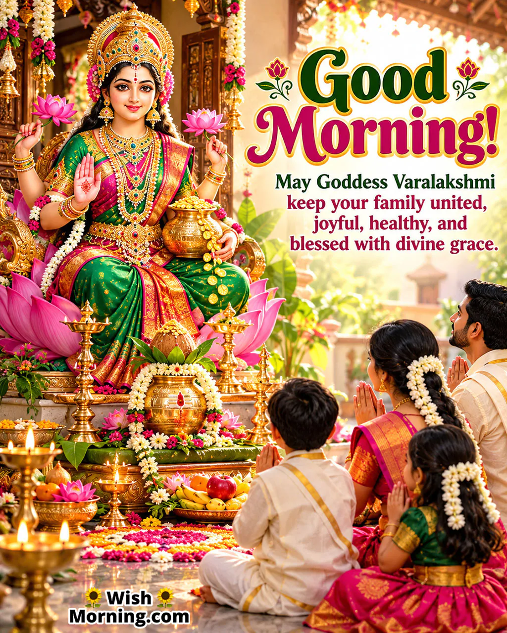 Good Morning Goddess Varalakshmi Family Blessing featuring Goddess Varalakshmi blessing a decorated home, symbolizing family happiness and unity.
