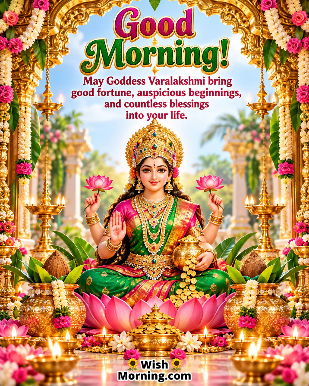 Good Morning Goddess Varalakshmi Fortune Blessing featuring Varalakshmi beneath a decorated golden arch, symbolizing good fortune and auspicious beginnings.