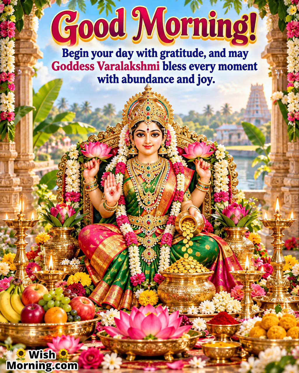 Good Morning Goddess Varalakshmi Gratitude Blessing featuring Varalakshmi before a devotional altar, symbolizing gratitude and abundance.