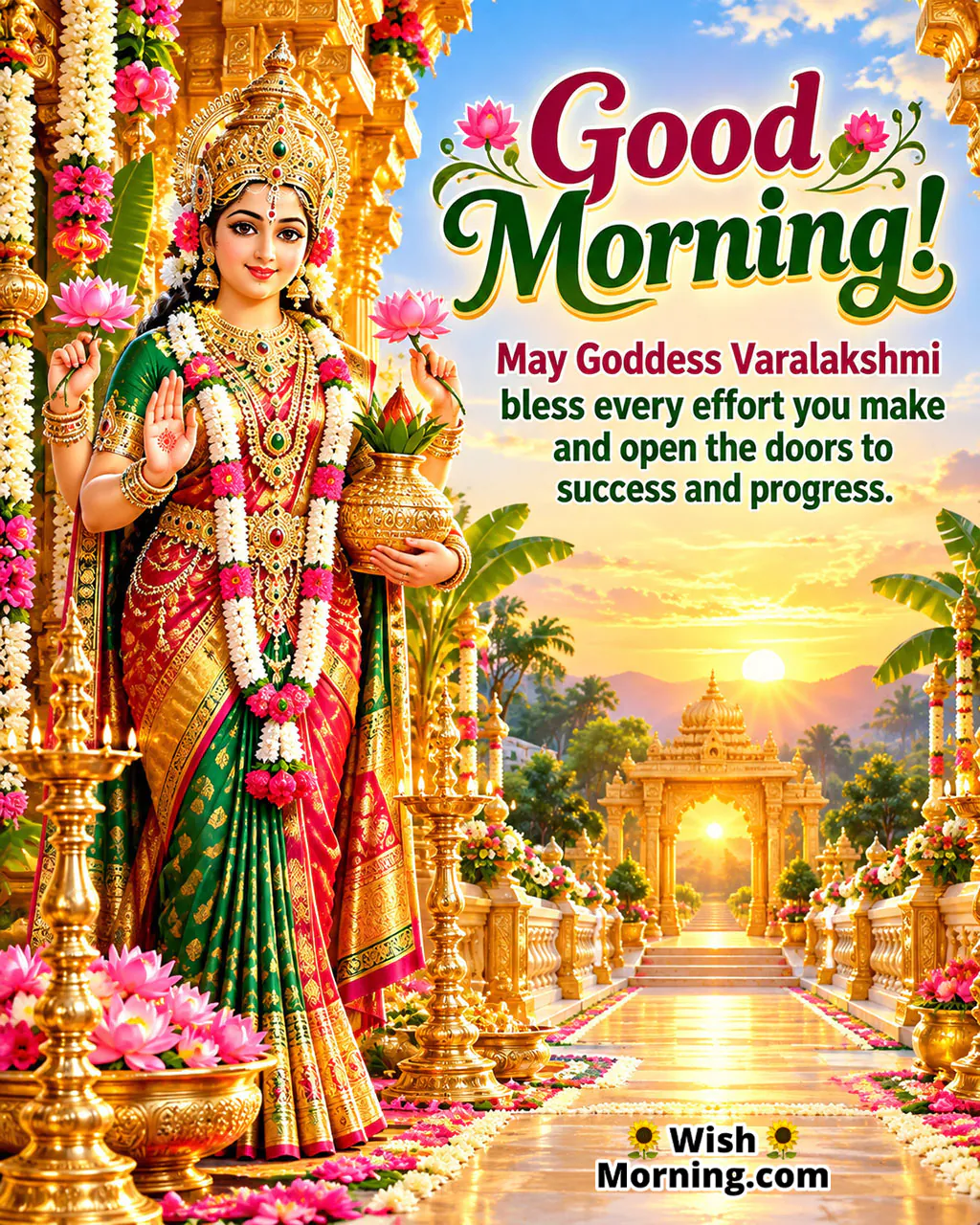 Good Morning Goddess Varalakshmi Success Blessing featuring Varalakshmi beside a radiant temple pathway, symbolizing progress and success.