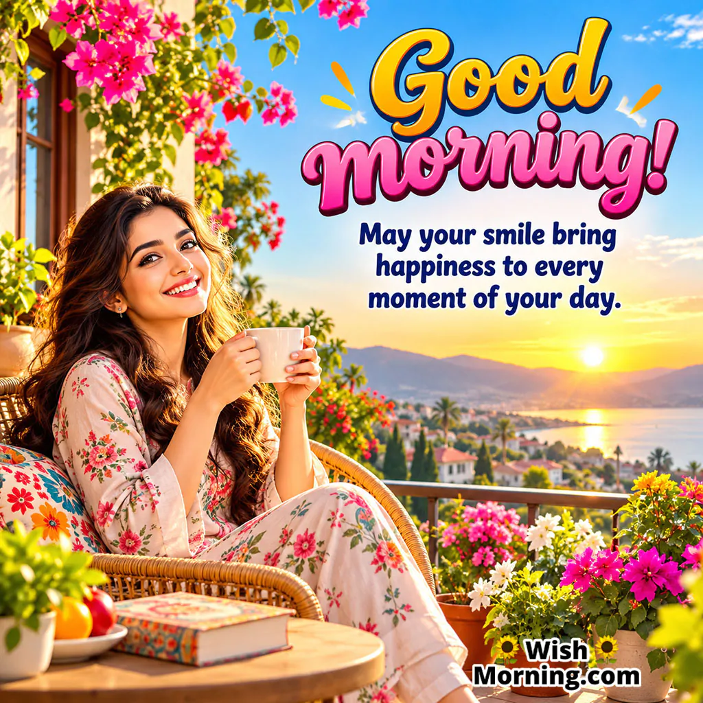 Good Morning Happiness Image featuring a smiling woman relaxing with a cup of coffee on a flower-filled balcony overlooking a sunny landscape, symbolising happiness and peaceful morning moments.