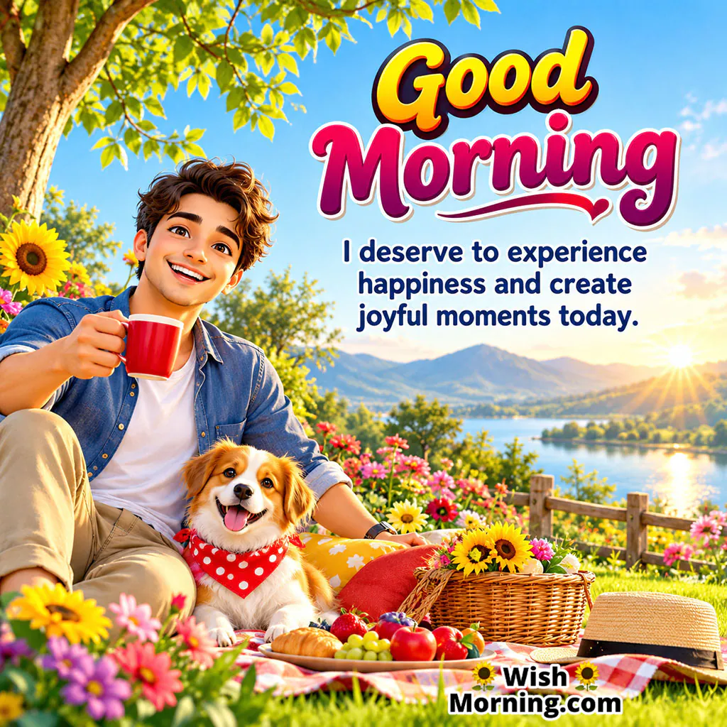 Good Morning Happiness Picture featuring a smiling man enjoying a cup of coffee with a happy dog during a colourful outdoor breakfast, symbolising happiness, companionship, and joyful moments.