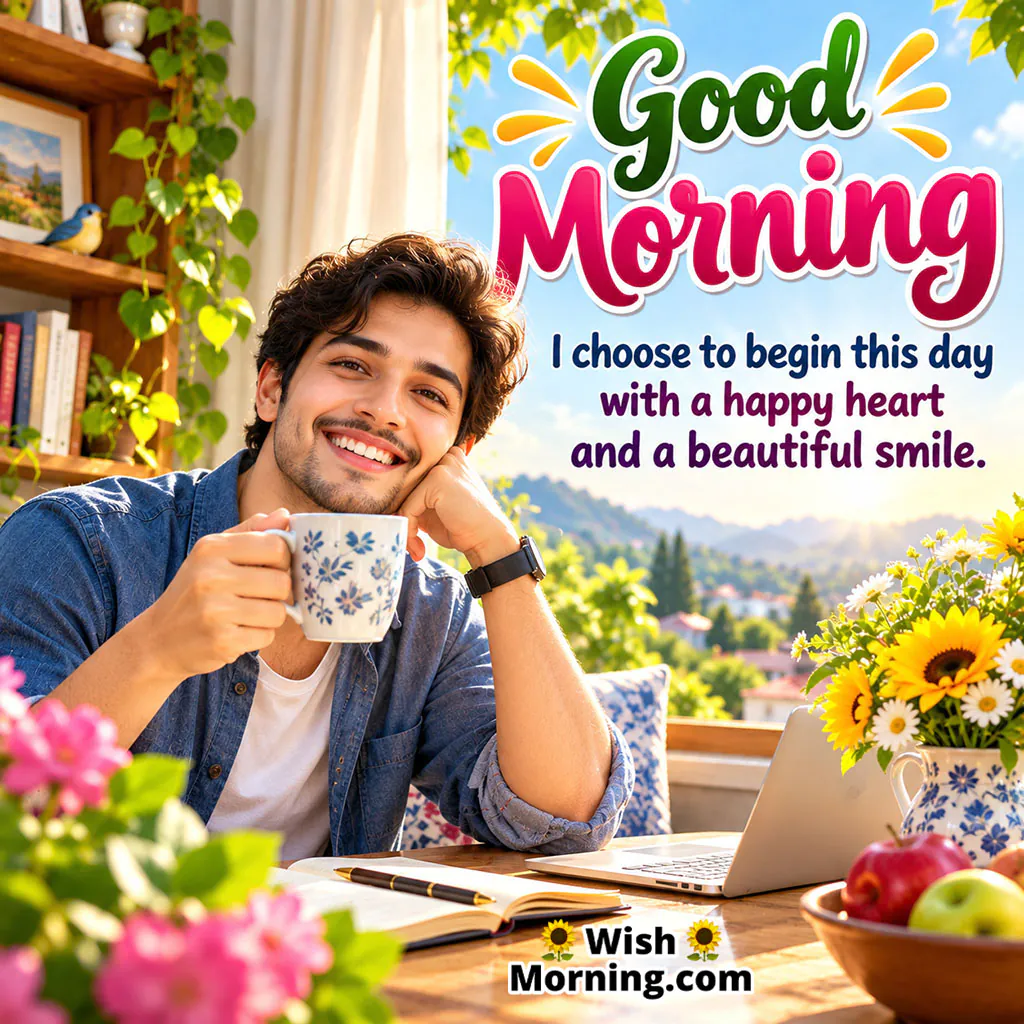 Good Morning Happy Heart Image featuring a smiling man enjoying coffee while working with a laptop in a bright garden setting, symbolising a positive mindset and a joyful beginning.