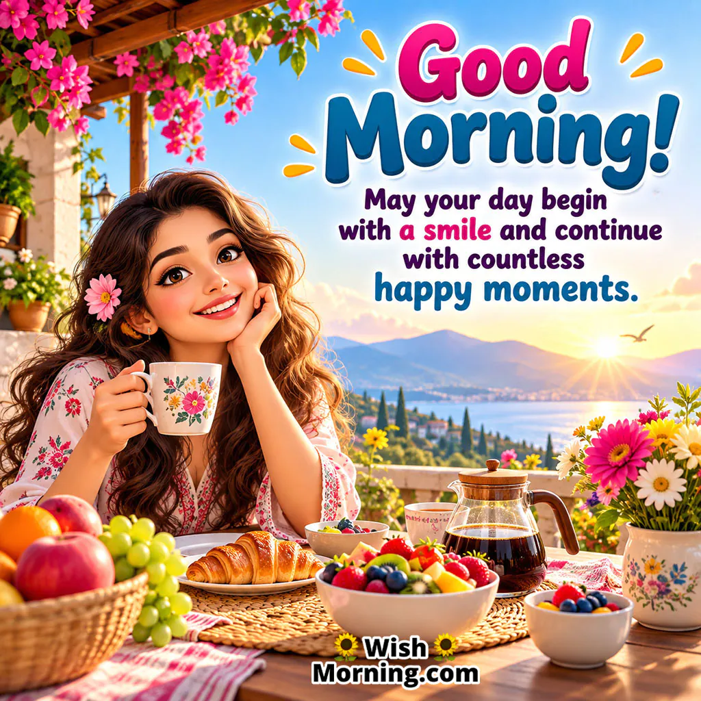 Good Morning Happy Moments Image featuring a smiling woman enjoying breakfast with fresh fruits, pastries, coffee, and flowers on a scenic terrace, symbolising a joyful start filled with happy moments.
