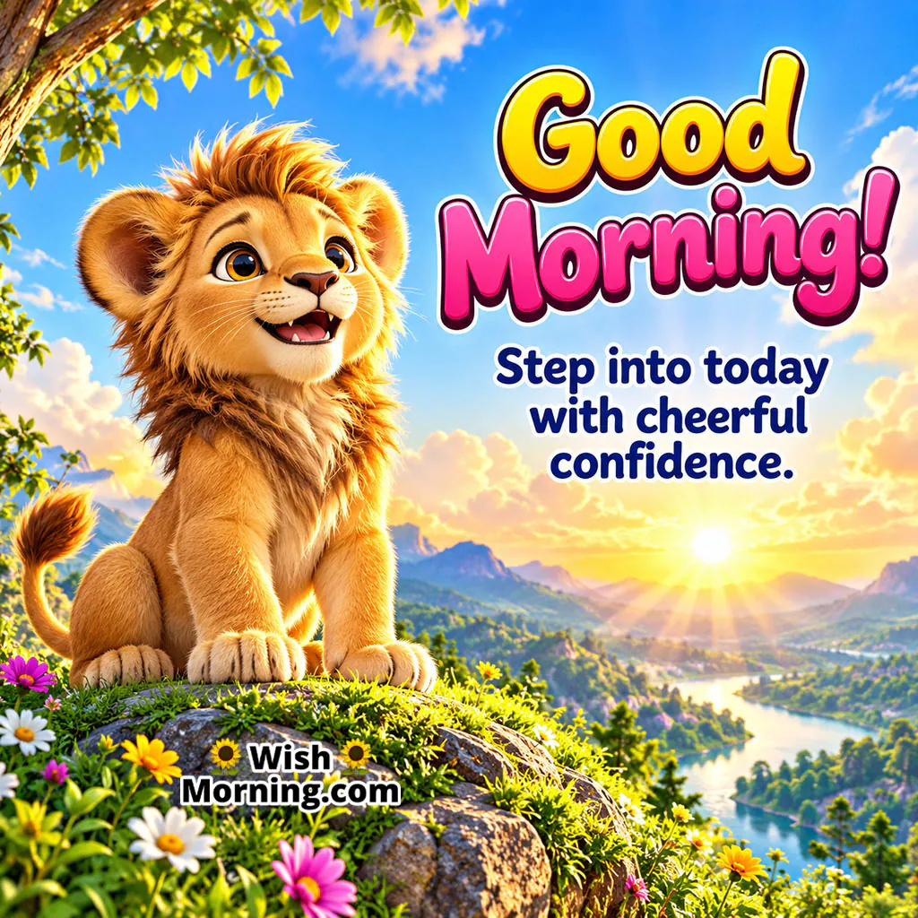 Good Morning Lion Image featuring a cheerful young lion sitting confidently on a flower-covered hill as the sun rises over mountains and a valley, symbolising courage, confidence, and a positive beginning.
