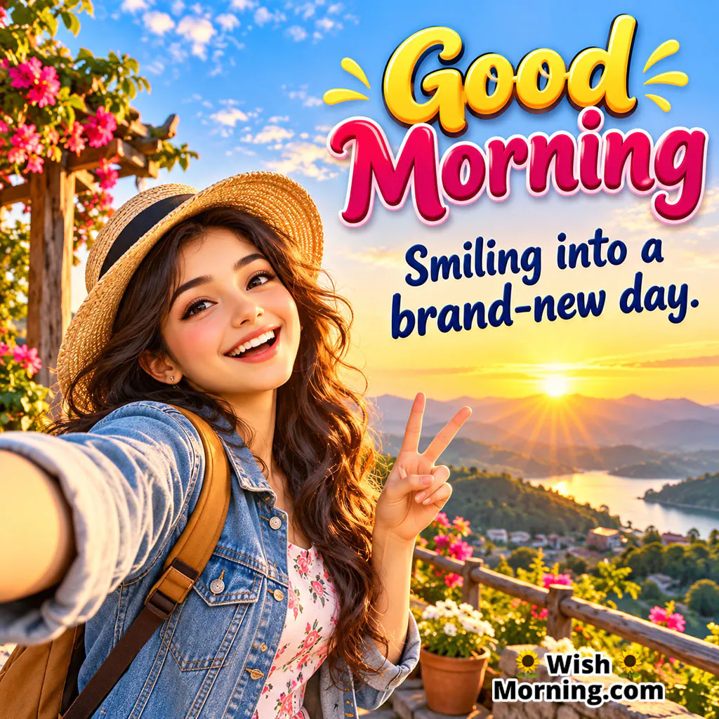 Good Morning New Day Image featuring a smiling woman taking a scenic selfie with a peace sign against a bright sunrise and mountain landscape, symbolising optimism and excitement for a brand-new day.