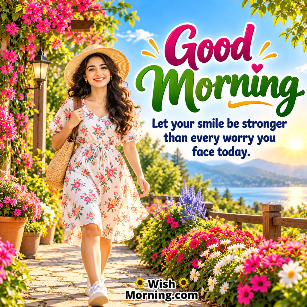 Good Morning Positive Day Image featuring a smiling woman walking through a colourful flower garden with a hat and shoulder bag, symbolising confidence, positivity, and a joyful day ahead.