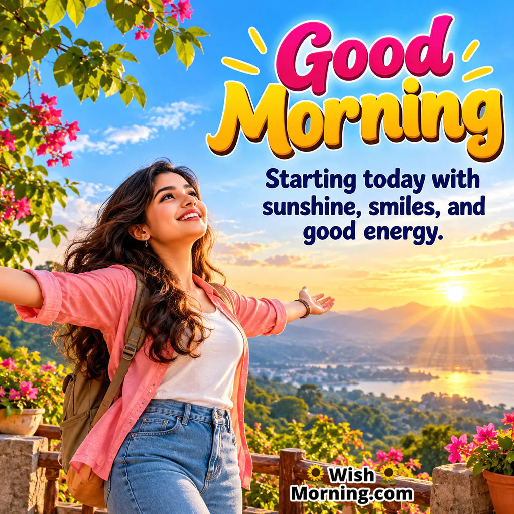 Good Morning Positive Energy Image featuring a smiling woman standing with open arms toward the sunrise, surrounded by flowers and a beautiful mountain view, symbolising sunshine, positive energy, and an uplifting morning.