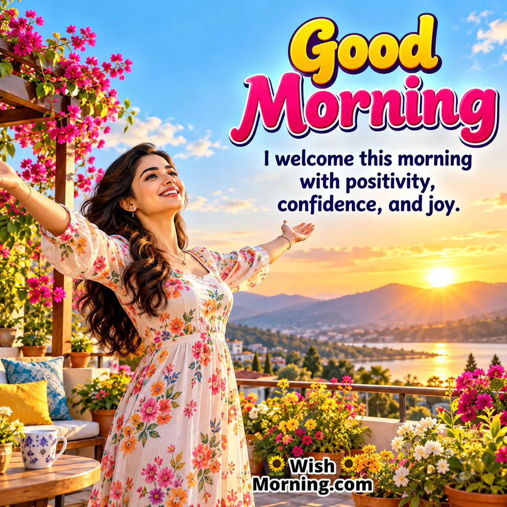 Good Morning Positive Morning Image featuring a smiling woman standing with open arms on a flower-filled terrace as the sun rises, symbolising confidence, joy, and positive energy.