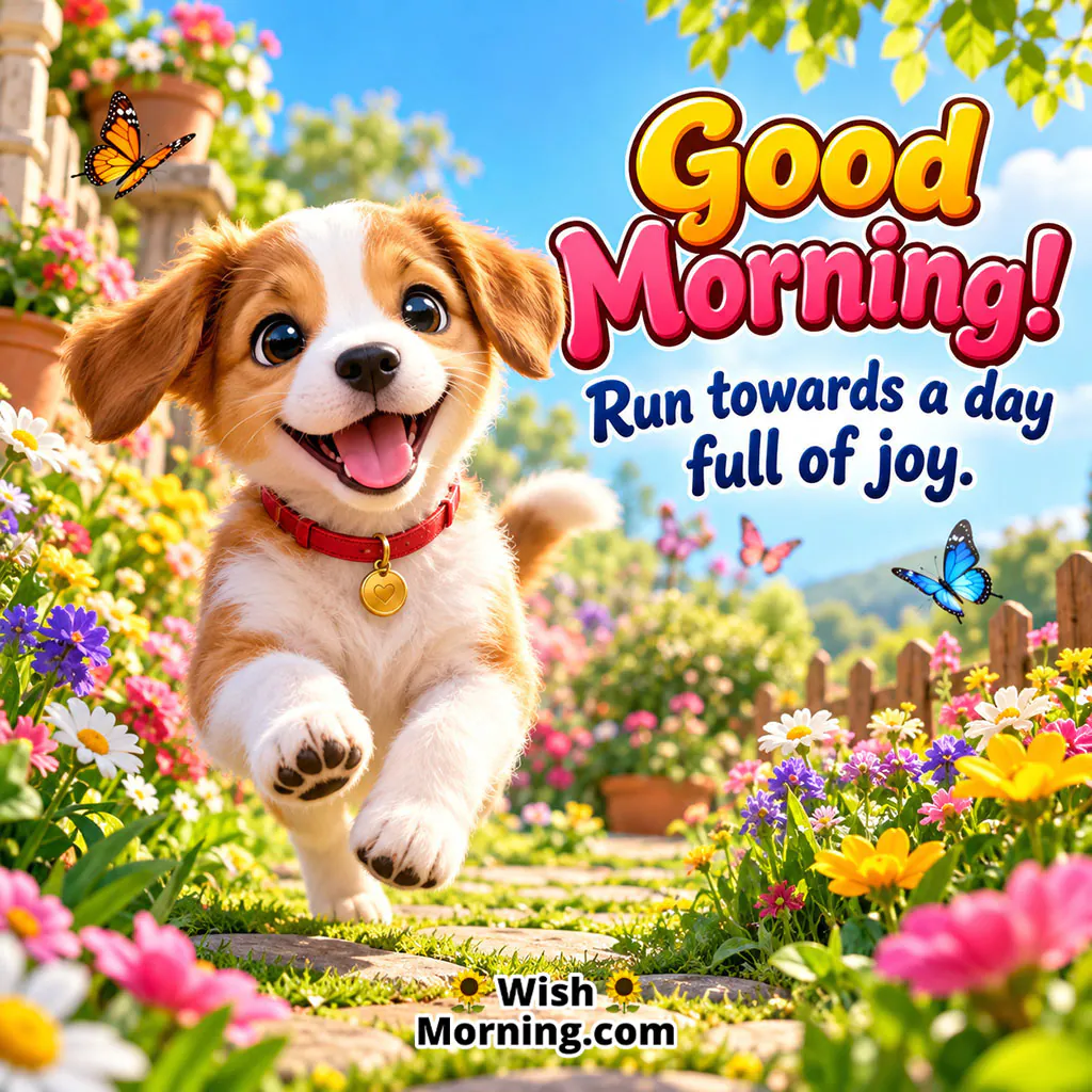Good Morning Puppy Image featuring a playful puppy running happily along a colourful flower-filled garden path with butterflies, symbolising joyful energy, freedom, and an exciting start to the day.