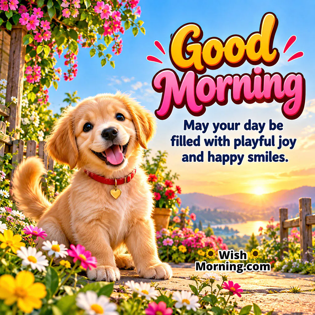 Good Morning Puppy Image featuring a happy golden puppy sitting among colourful flowers on a sunny garden path, symbolising playful joy, warmth, and happy smiles.
