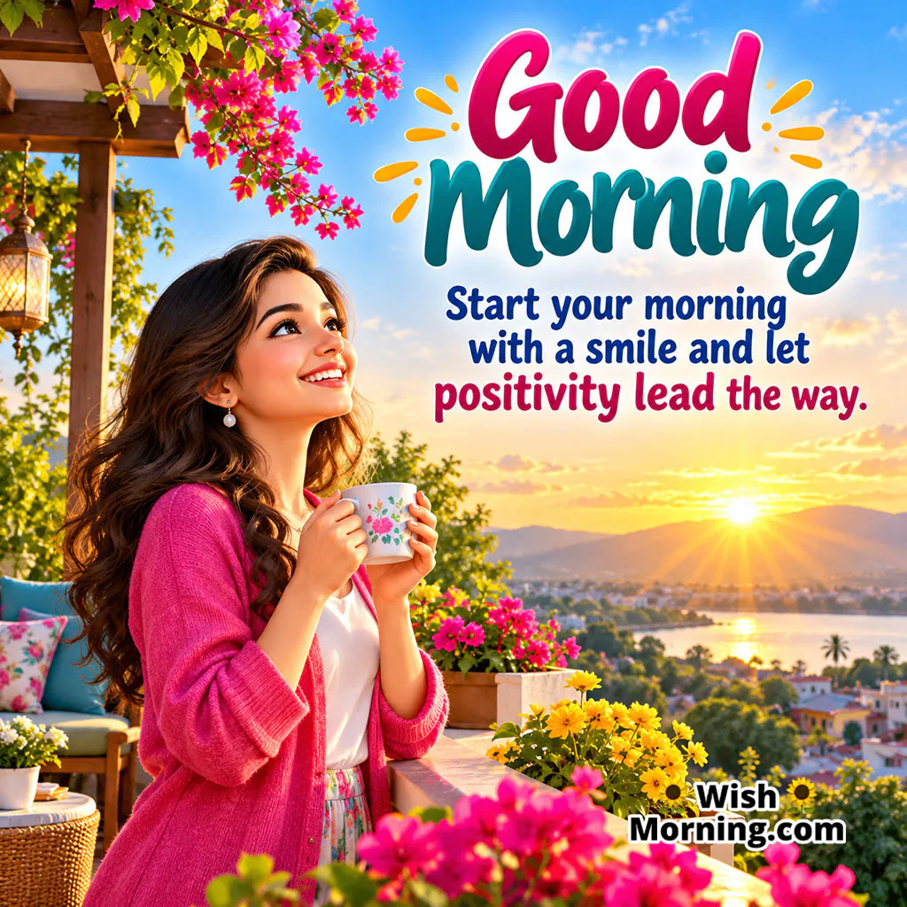 Good Morning Smile Image featuring a smiling woman enjoying a morning coffee on a flower-filled terrace overlooking the mountains, symbolising positivity and a cheerful start to the day.