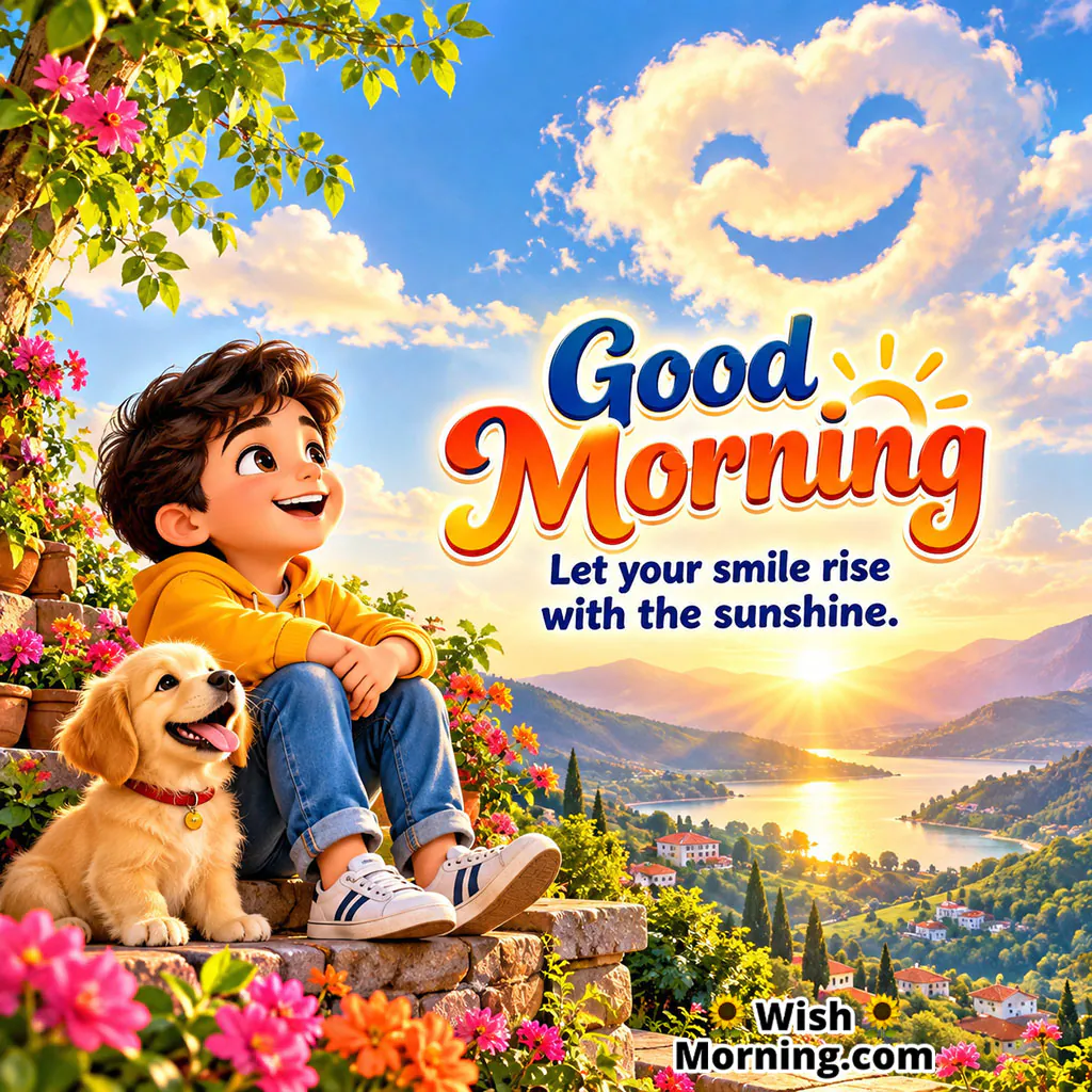 Good Morning Smile Pic featuring a cheerful child sitting beside a playful dog among colourful flowers with a smiling cloud overhead, symbolising innocent happiness, friendship, and sunny morning joy.