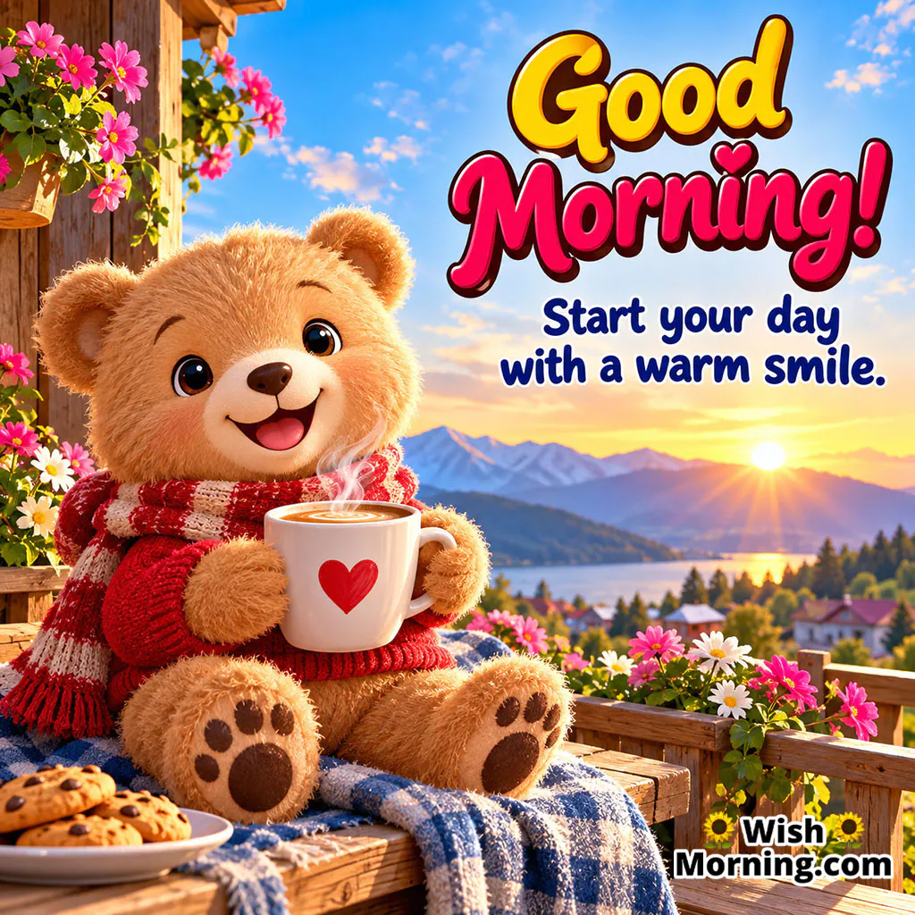 Good Morning Teddy Bear Image featuring a cute teddy bear in a red scarf holding a warm heart-decorated coffee cup on a flower-filled balcony, symbolising warmth, comfort, and a loving start to the day.